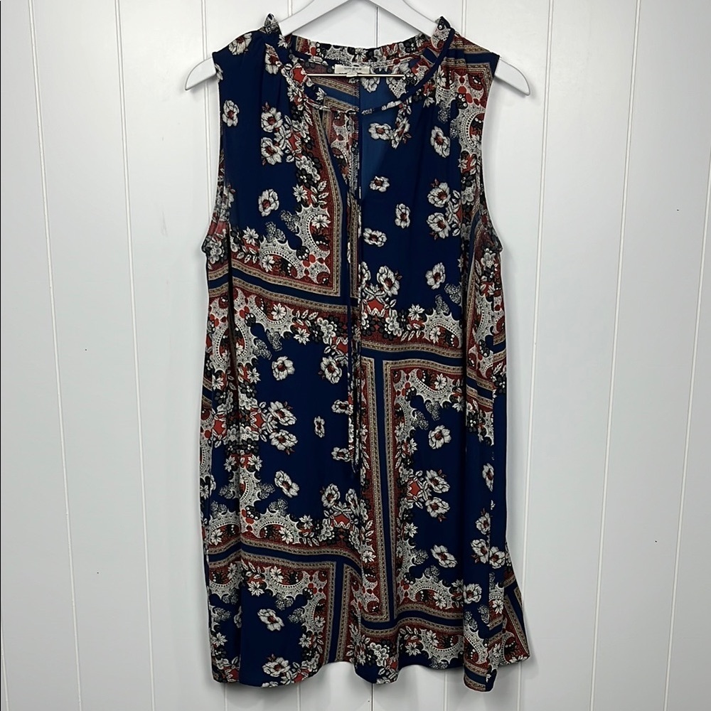 Umgee Womens Tunic L Navy/Cream Pullover Vneck Gauzy Ruffle Neckline Boho Casual